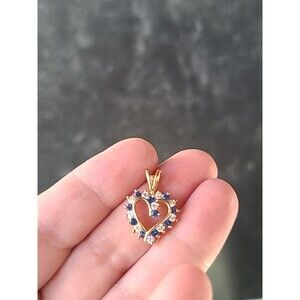 Gold 925 Sterling Silver Blue And Clear CZ Open Heart Pendant Vintage